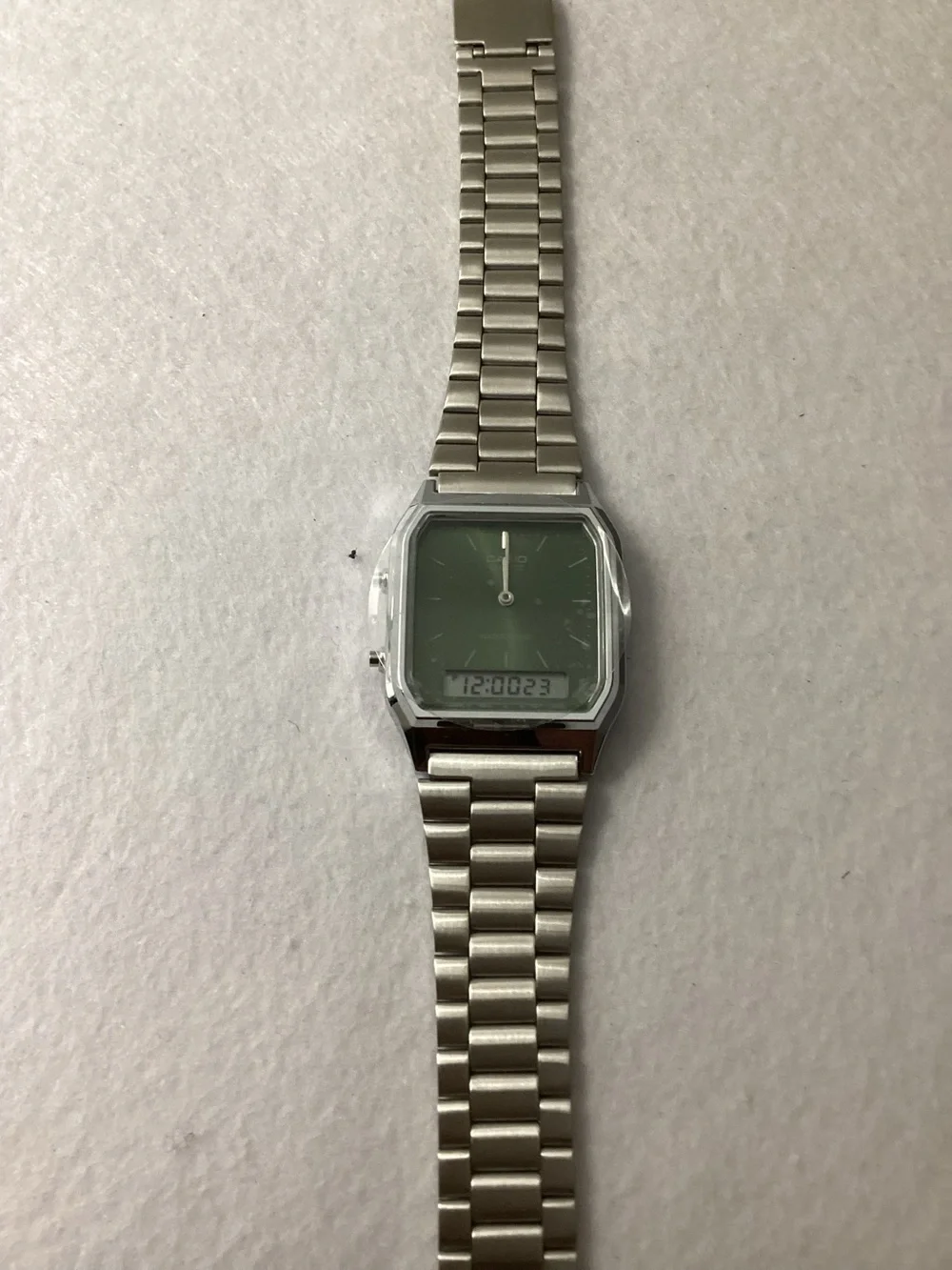 Casio Silver Watch with Green Dial and Stainless Bracelet